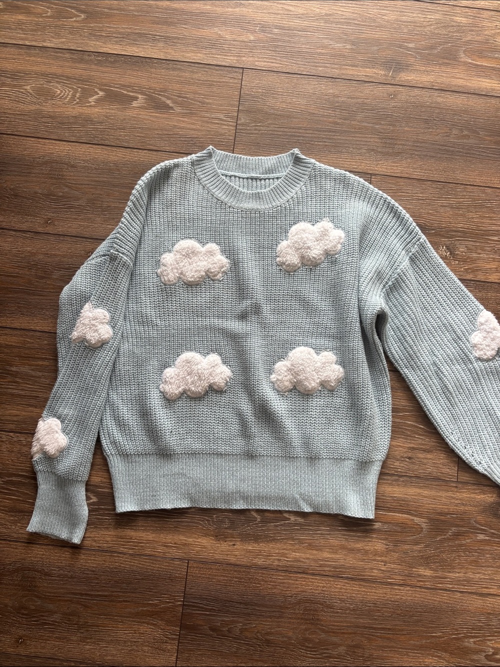 Cloud Applique Crewneck Sweater - Light Blue with Cream Clouds